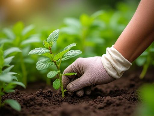 Mano guantata che cura una pianta in un giardino